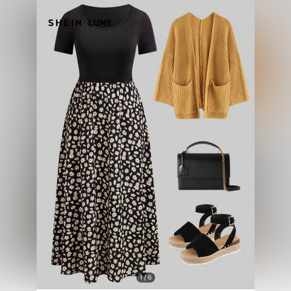 SHEIN Black Daisy Print Curve Dress with Yellow Accents